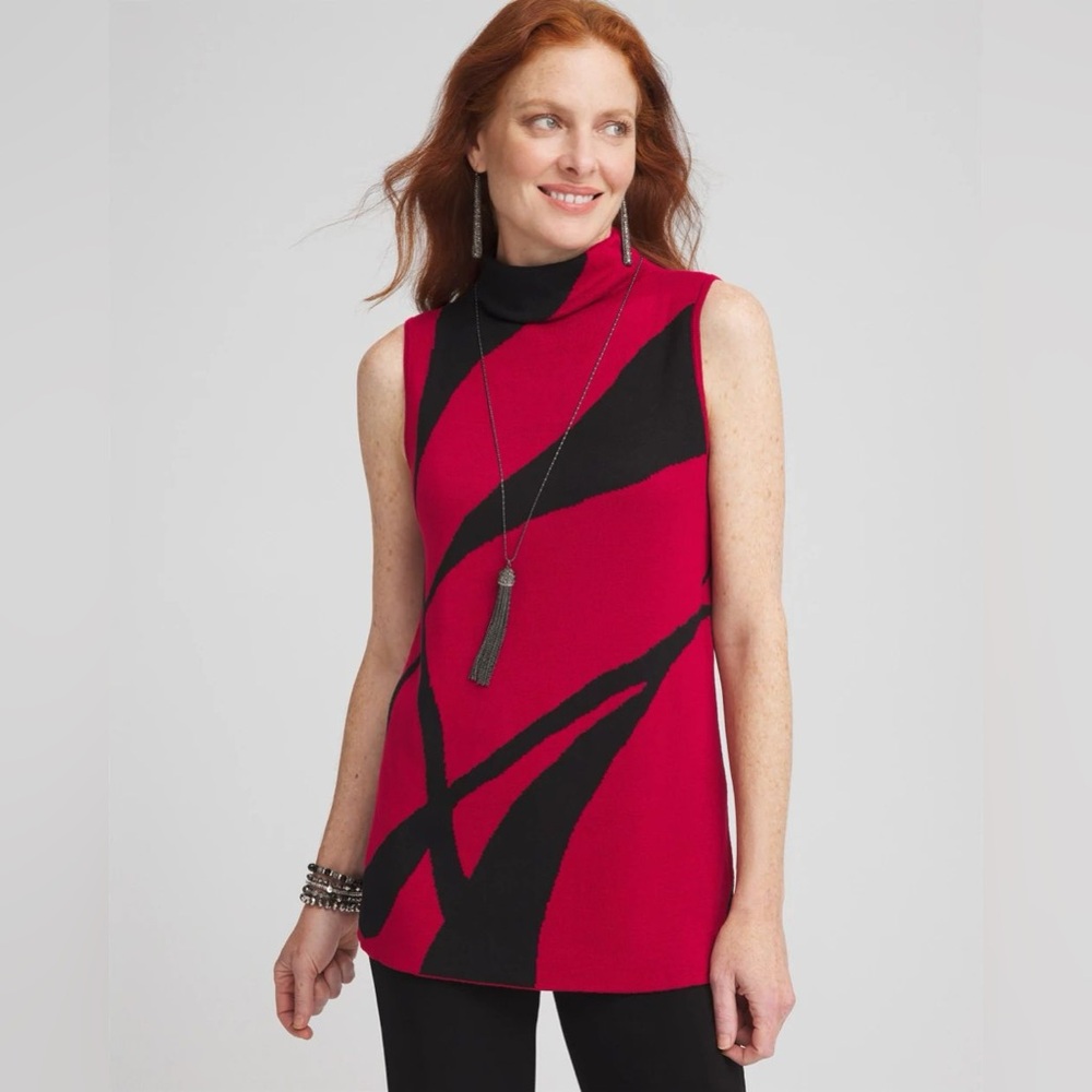 Chico's Travelers Jacquard Mockneck‎ Tank Red and Black Sleeveless Sweater